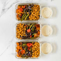 Sheet Pan recipe Deconstructed Falafel Bowl with Tahini Sauce in 3 containers