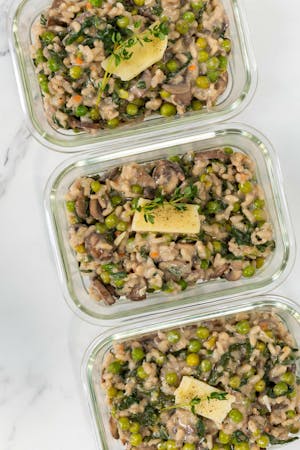 vegan risotto mushrooms in glass containers