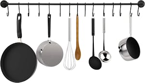 Greenco Pot and Pan Wall Mounted Rail Hanger Racks Cookware Set and Storage Organization 15-Hook Hanging Rack Black Pots and Pans Organizer