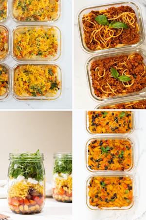A variety of meal prep pasta dishes.